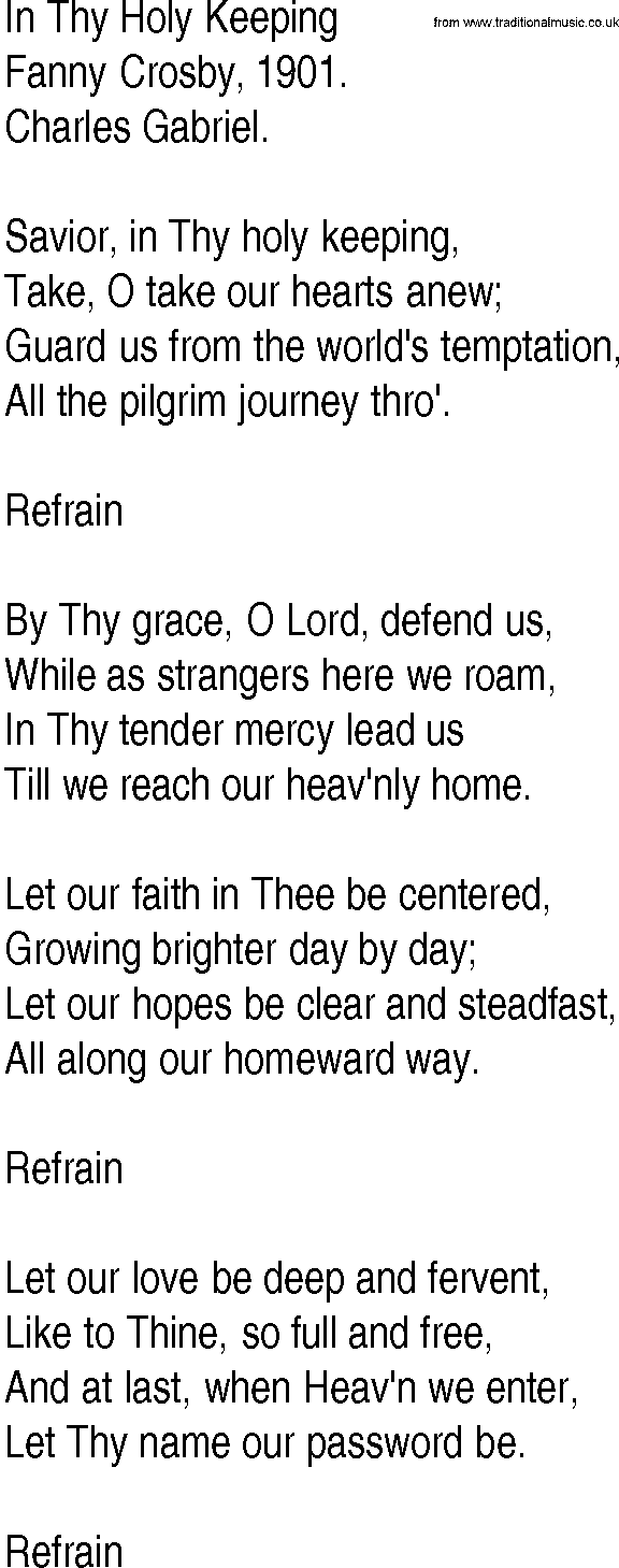 Hymn and Gospel Song: In Thy Holy Keeping by Fanny Crosby lyrics