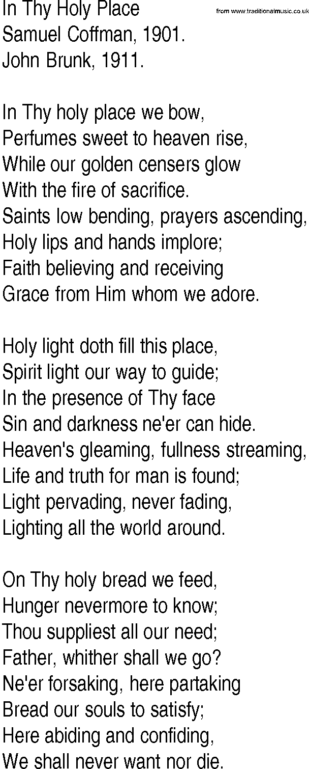 Hymn and Gospel Song: In Thy Holy Place by Samuel Coffman lyrics