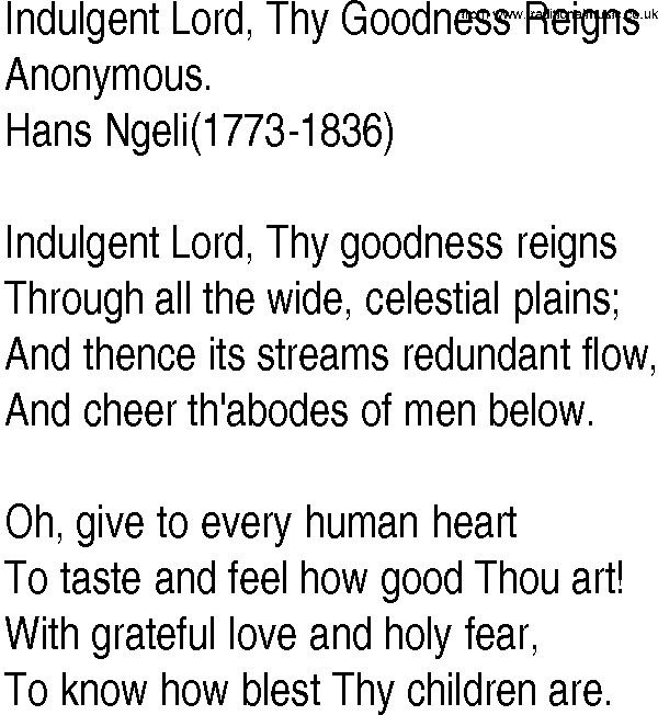 Hymn and Gospel Song: Indulgent Lord, Thy Goodness Reigns by Anonymous lyrics
