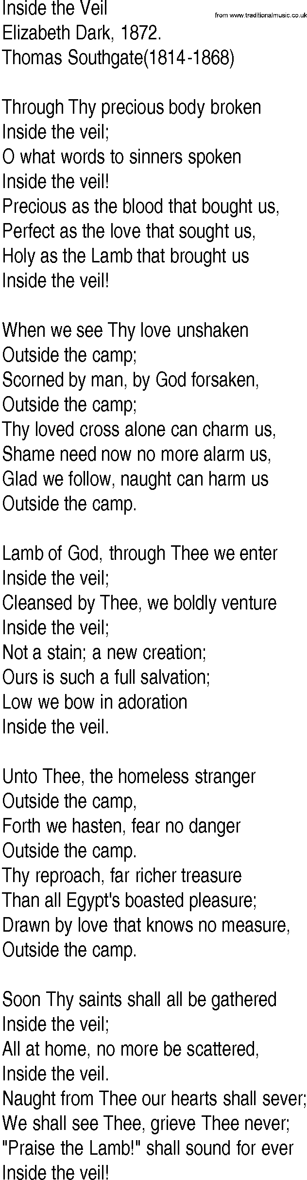 Hymn and Gospel Song: Inside the Veil by Elizabeth Dark lyrics
