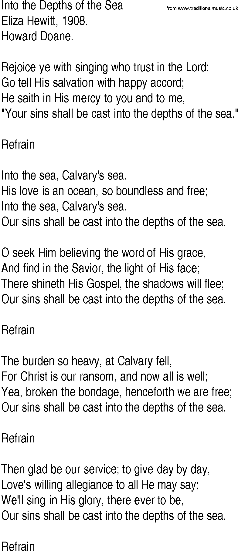 Hymn and Gospel Song: Into the Depths of the Sea by Eliza Hewitt lyrics