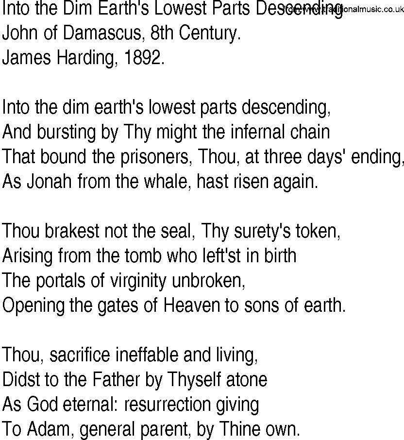 Hymn and Gospel Song: Into the Dim Earth's Lowest Parts Descending by John of Damascus lyrics