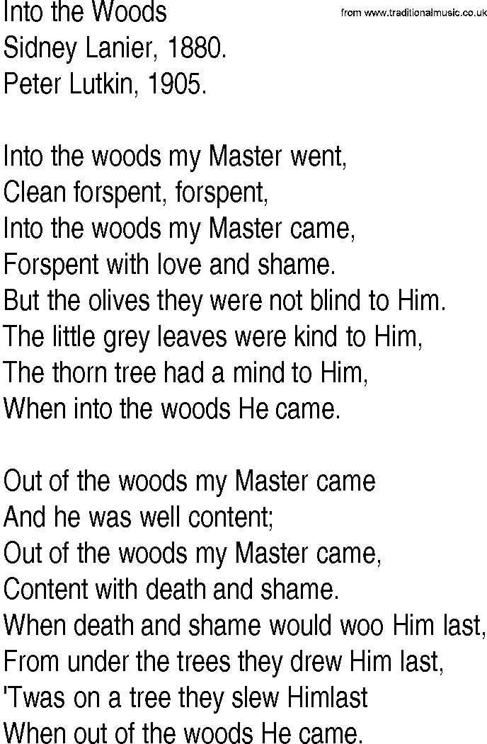 Hymn and Gospel Song: Into the Woods by Sidney Lanier lyrics