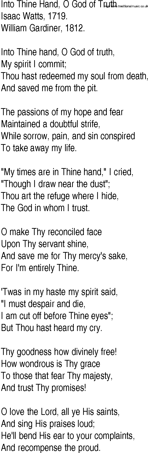 Hymn and Gospel Song: Into Thine Hand, O God of Truth by Isaac Watts lyrics