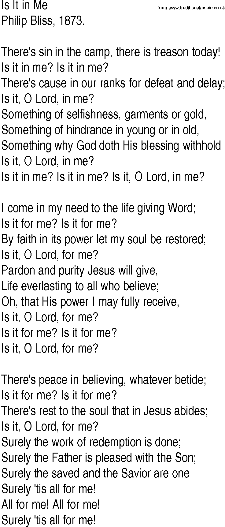 Hymn and Gospel Song: Is It in Me by Philip Bliss lyrics