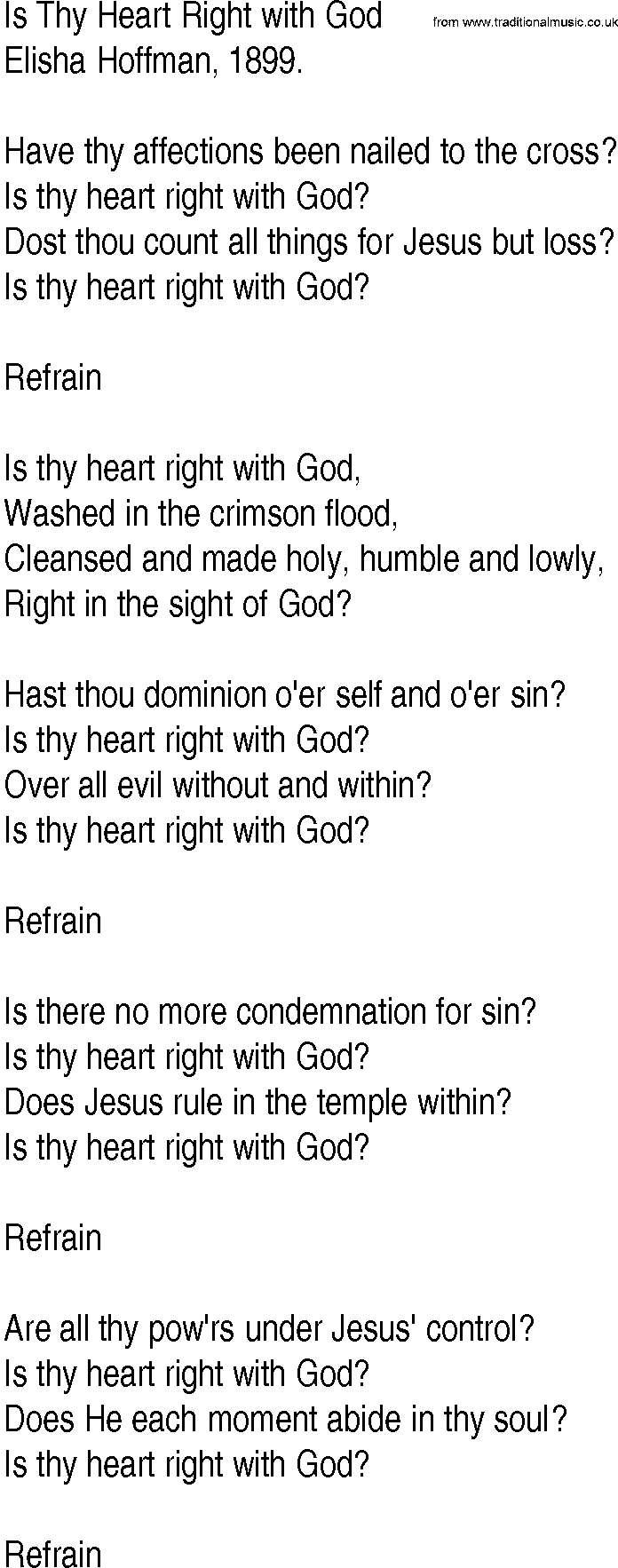 Hymn and Gospel Song: Is Thy Heart Right with God by Elisha Hoffman lyrics