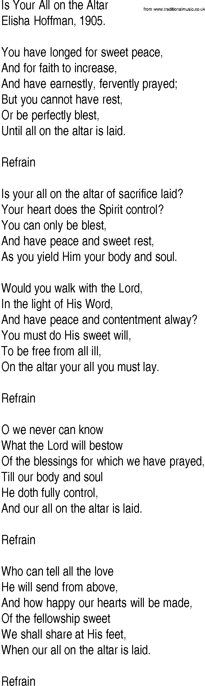 Hymn and Gospel Song: Is Your All on the Altar by Elisha Hoffman lyrics