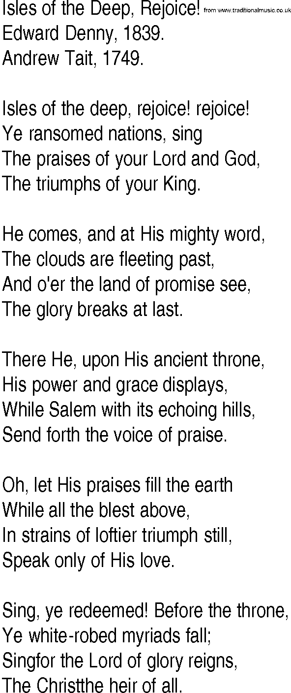 Hymn and Gospel Song: Isles of the Deep, Rejoice! by Edward Denny lyrics