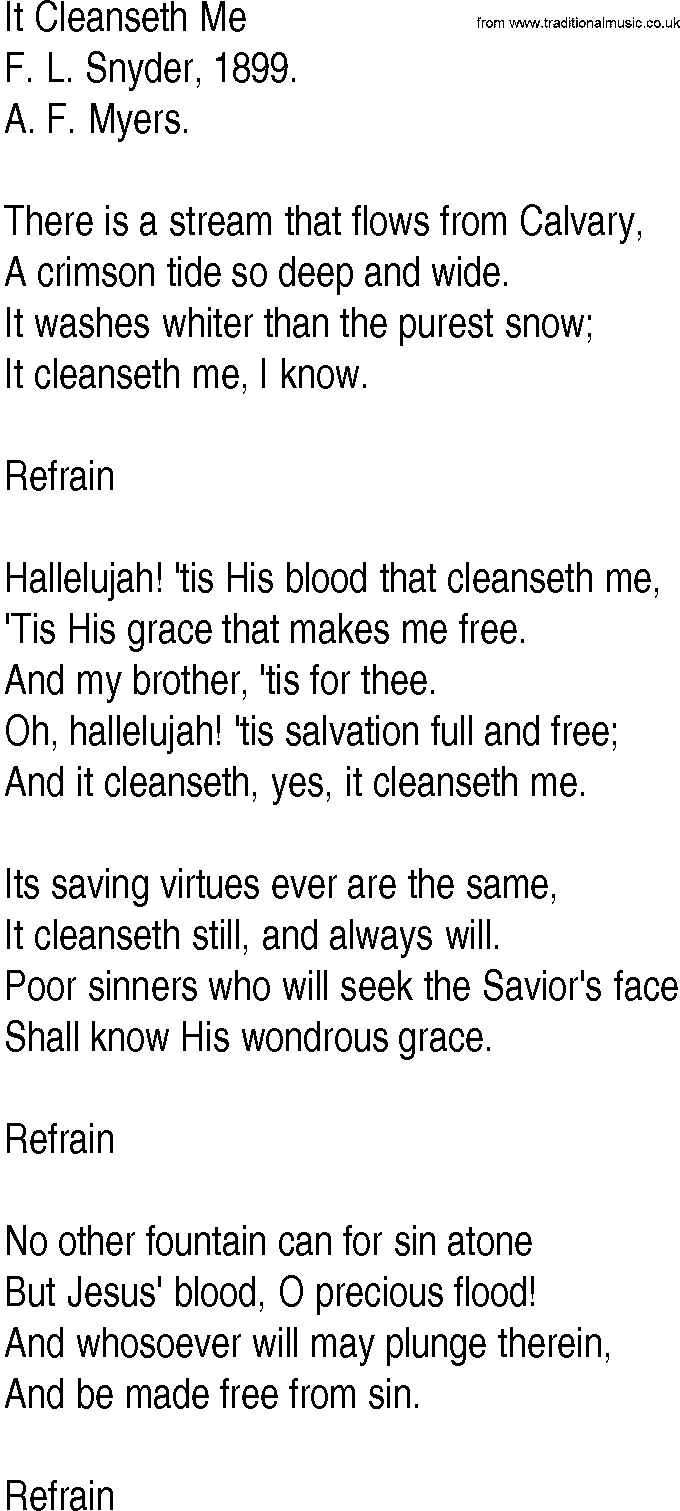 Hymn and Gospel Song: It Cleanseth Me by F L Snyder lyrics