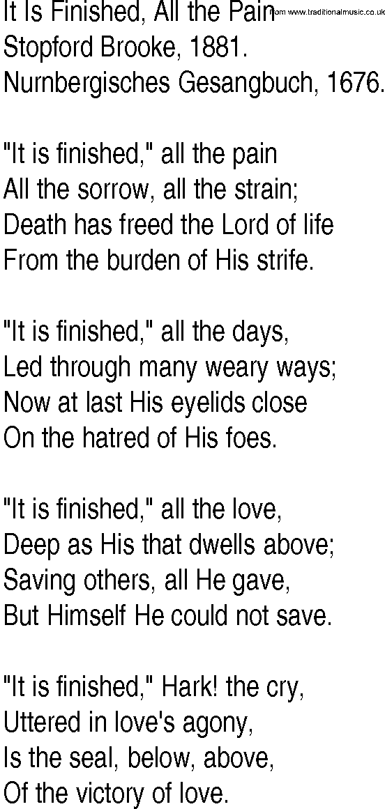 Hymn and Gospel Song: It Is Finished, All the Pain by Stopford Brooke lyrics