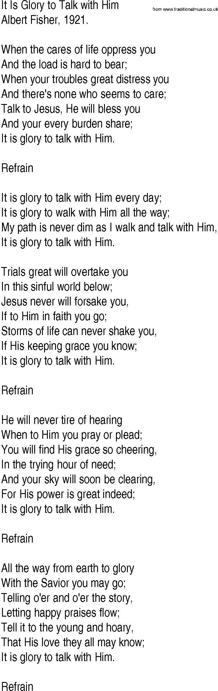 Hymn and Gospel Song: It Is Glory to Talk with Him by Albert Fisher lyrics