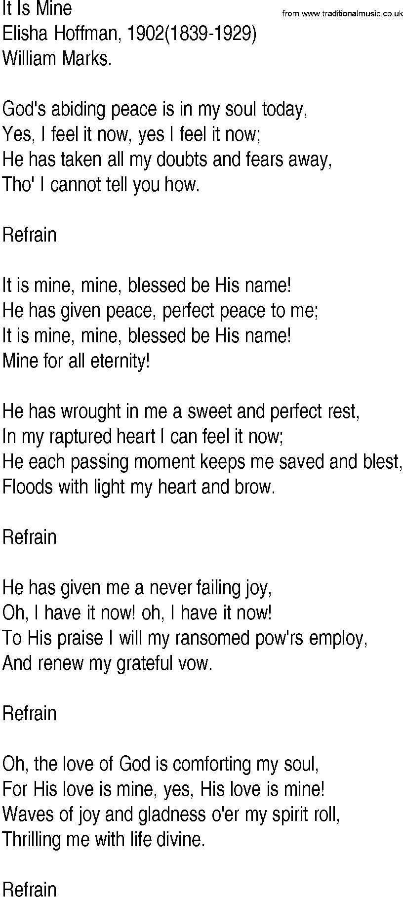 Hymn and Gospel Song: It Is Mine by Elisha Hoffman lyrics