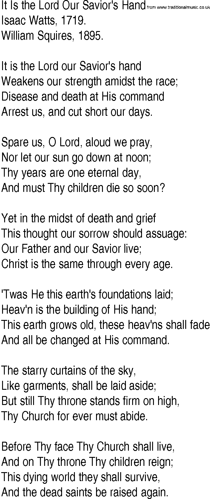 Hymn and Gospel Song: It Is the Lord Our Savior's Hand by Isaac Watts lyrics