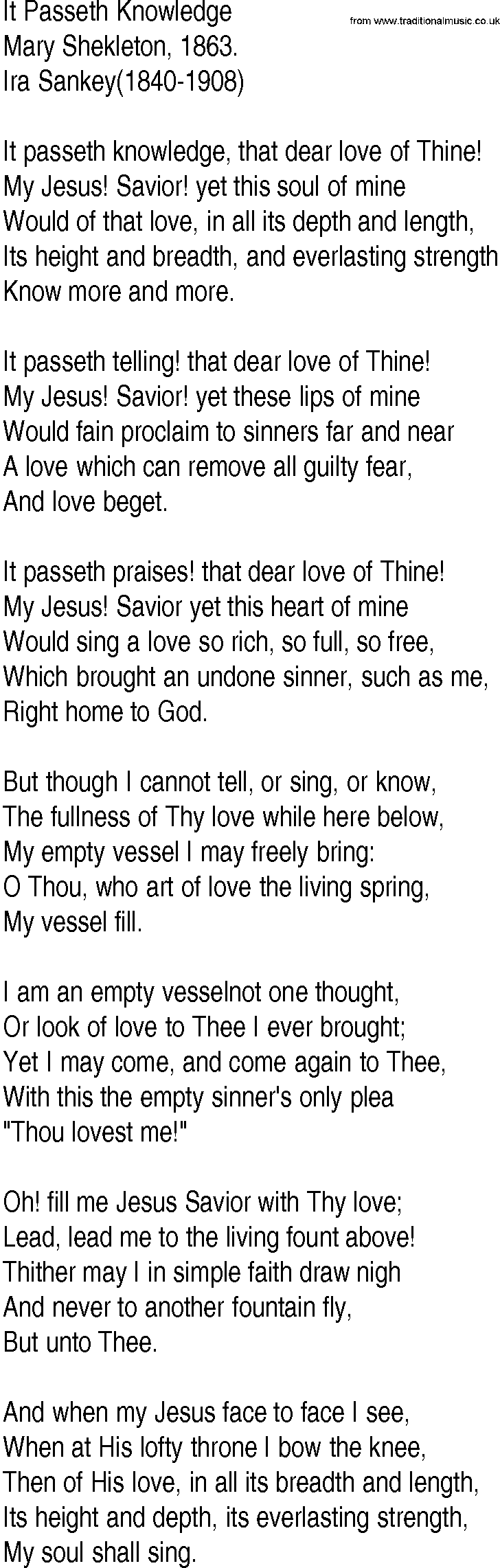Hymn and Gospel Song: It Passeth Knowledge by Mary Shekleton lyrics