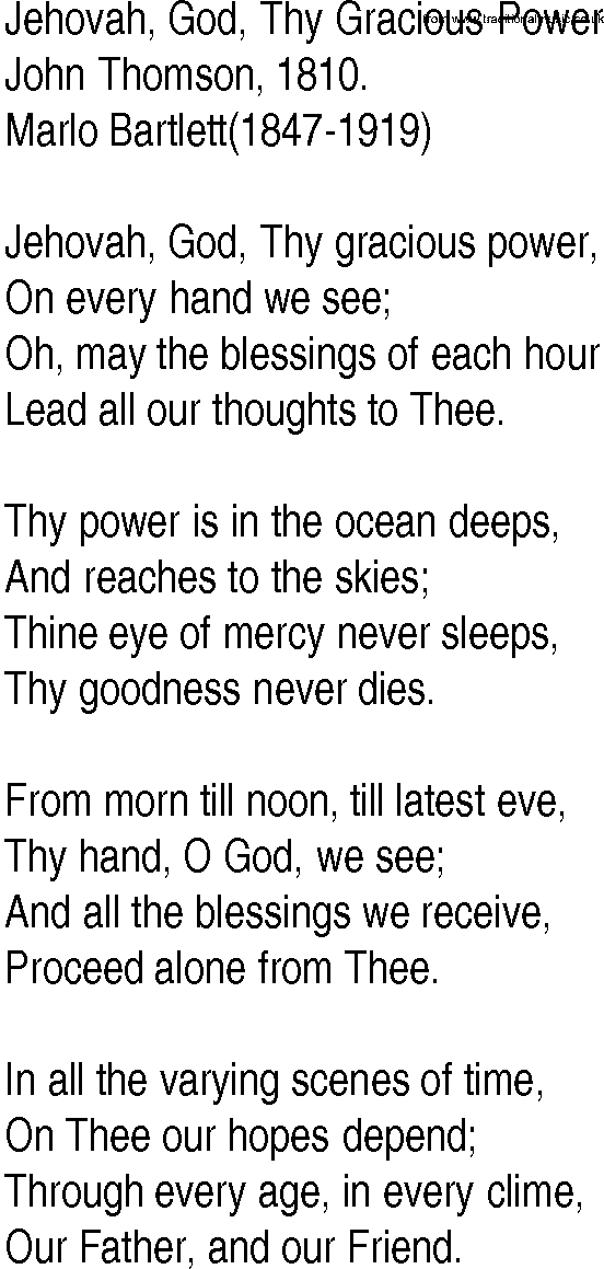 Hymn and Gospel Song: Jehovah, God, Thy Gracious Power by John Thomson lyrics