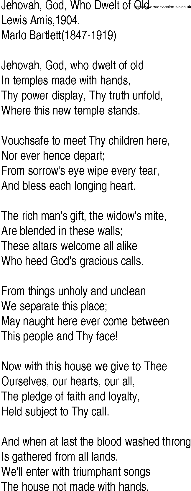 Hymn and Gospel Song: Jehovah, God, Who Dwelt of Old by Lewis Amis lyrics