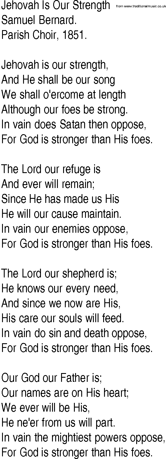 Hymn and Gospel Song: Jehovah Is Our Strength by Samuel Bernard lyrics