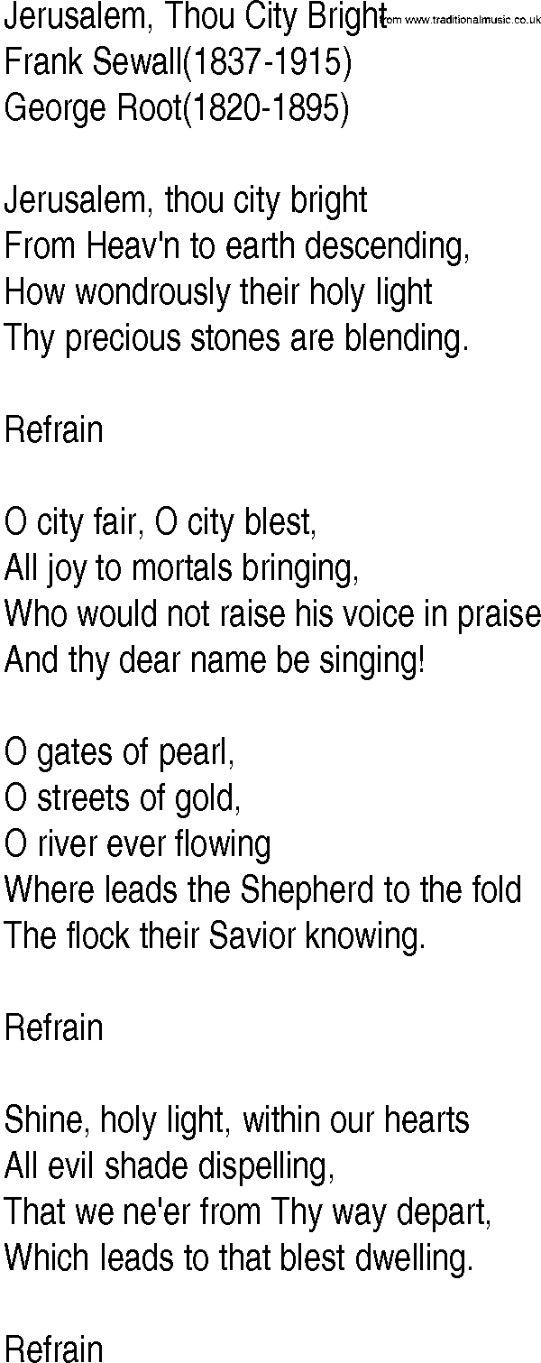 Hymn and Gospel Song: Jerusalem, Thou City Bright by Frank Sewall lyrics