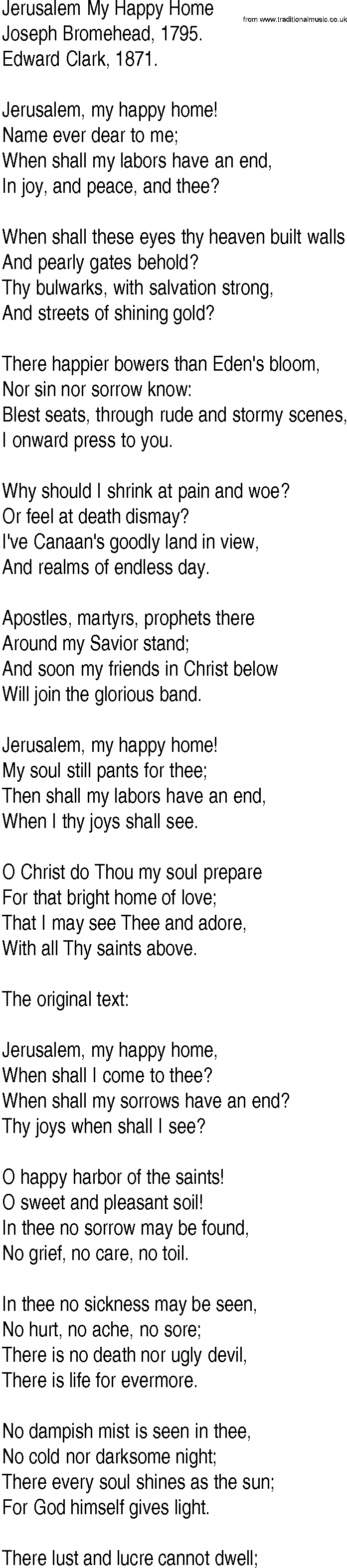 Hymn and Gospel Song: Jerusalem My Happy Home by Joseph Bromehead lyrics