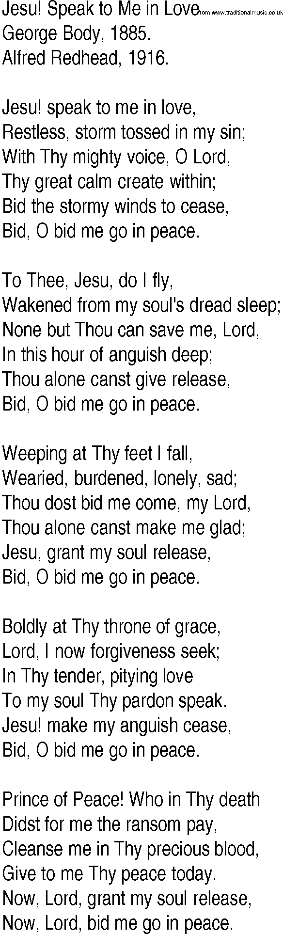 Hymn and Gospel Song: Jesu! Speak to Me in Love by George Body lyrics