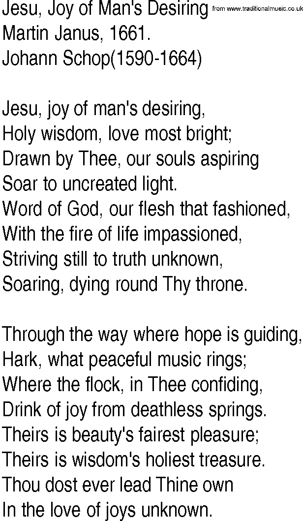 Hymn and Gospel Song Lyrics for Jesu, Joy of Man's Desiring by Martin Janus