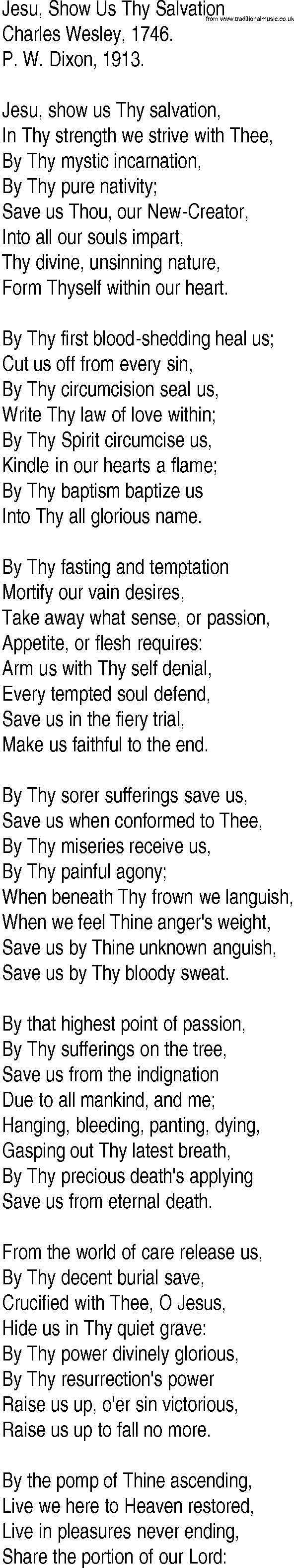 Hymn and Gospel Song: Jesu, Show Us Thy Salvation by Charles Wesley lyrics