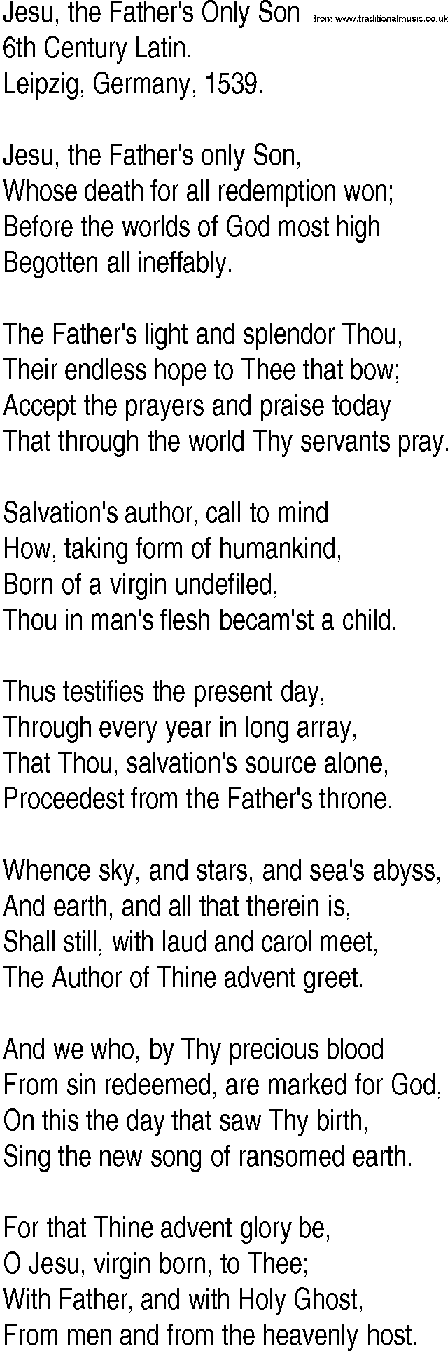 Hymn and Gospel Song: Jesu, the Father's Only Son by th Century Latin lyrics