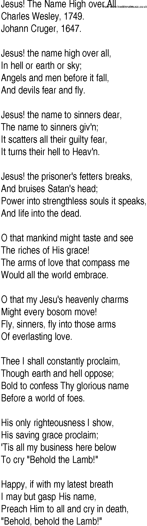 Hymn and Gospel Song: Jesus! The Name High over All by Charles Wesley lyrics