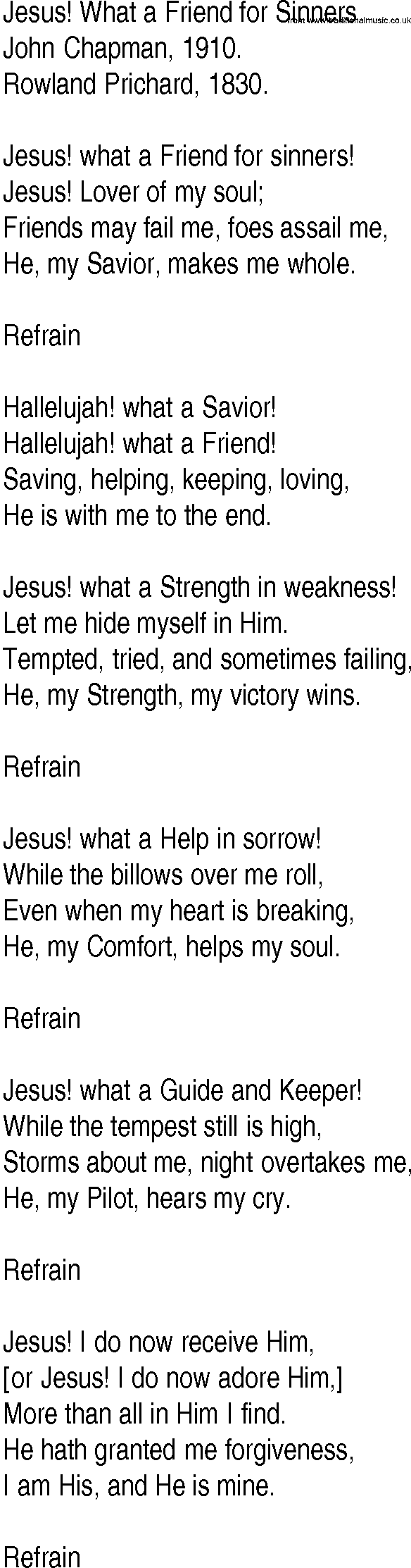 Hymn and Gospel Song: Jesus! What a Friend for Sinners by John Chapman lyrics