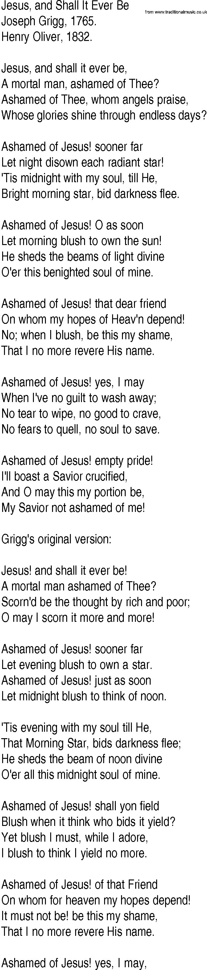 Hymn and Gospel Song: Jesus, and Shall It Ever Be by Joseph Grigg lyrics
