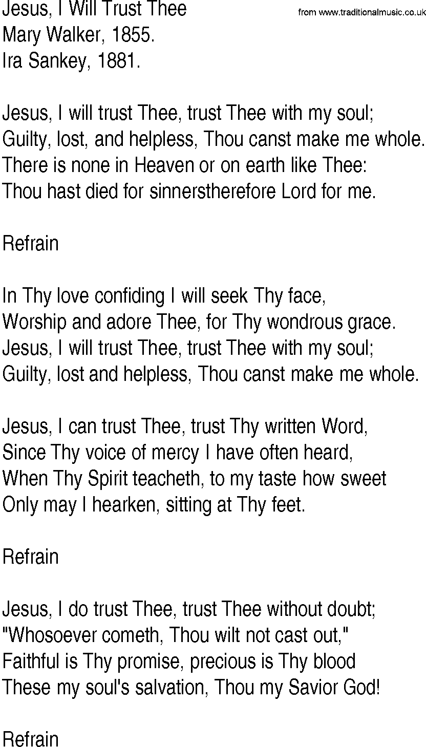 Hymn and Gospel Song: Jesus, I Will Trust Thee by Mary Walker lyrics