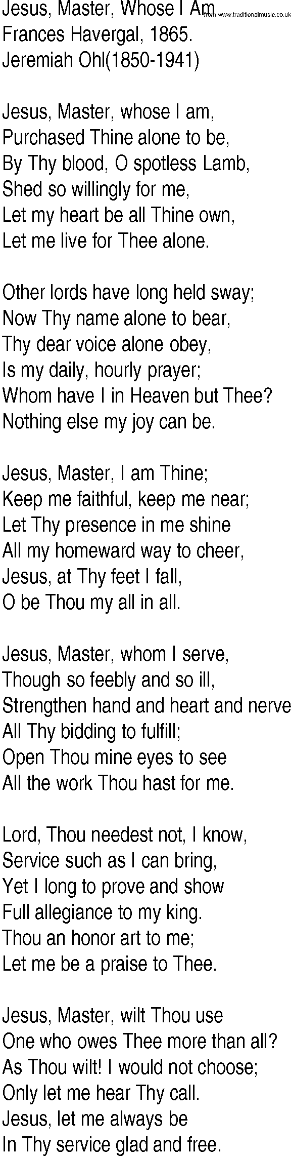 Hymn and Gospel Song: Jesus, Master, Whose I Am by Frances Havergal lyrics