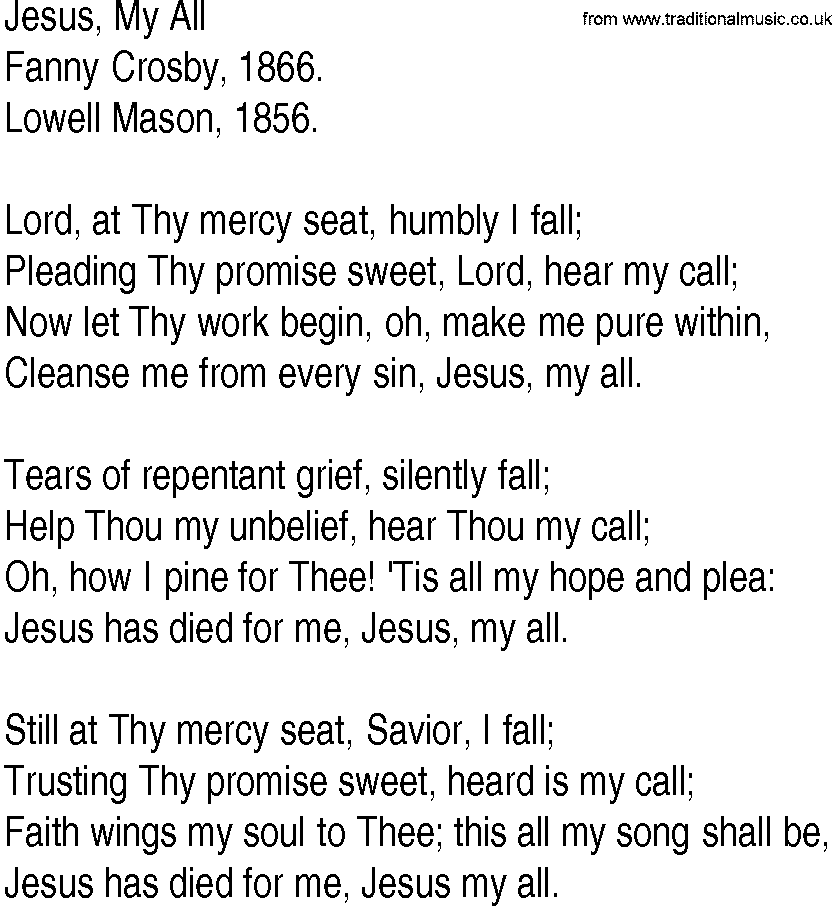 Hymn and Gospel Song: Jesus, My All by Fanny Crosby lyrics