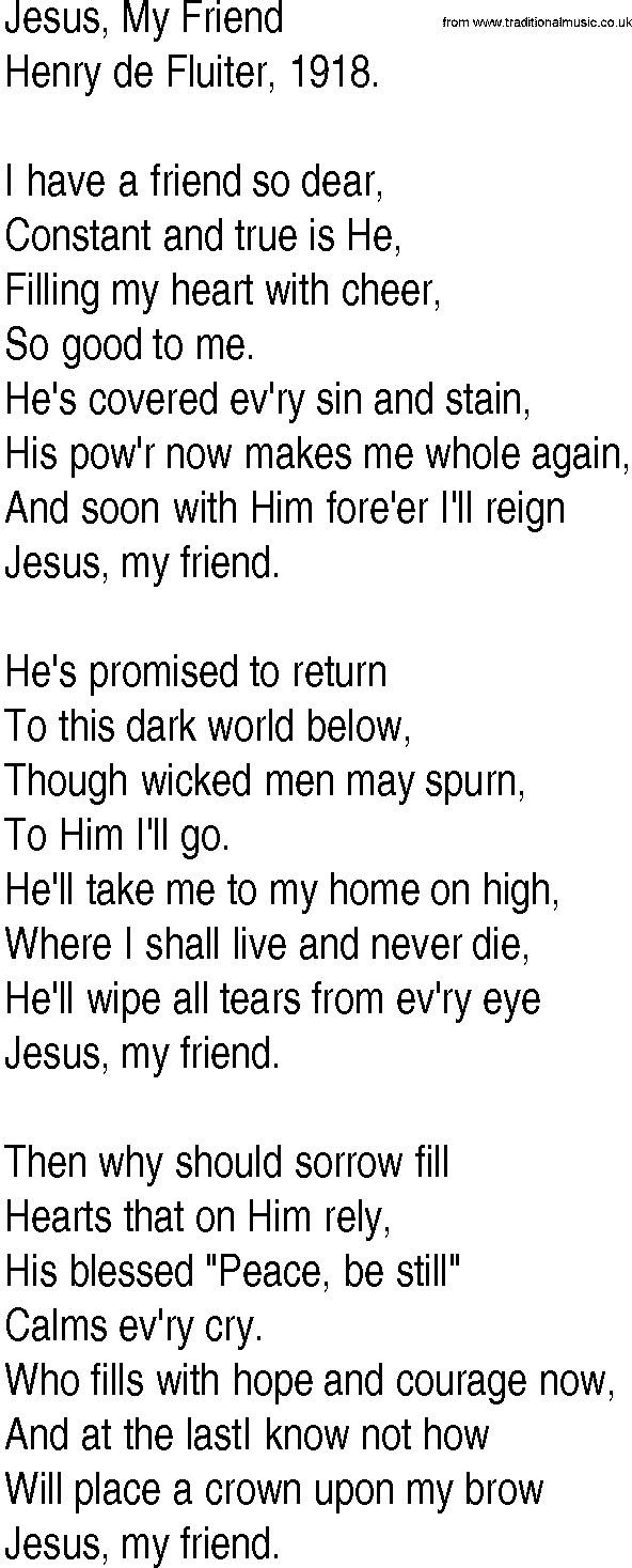 Hymn and Gospel Song: Jesus, My Friend by Henry de Fluiter lyrics