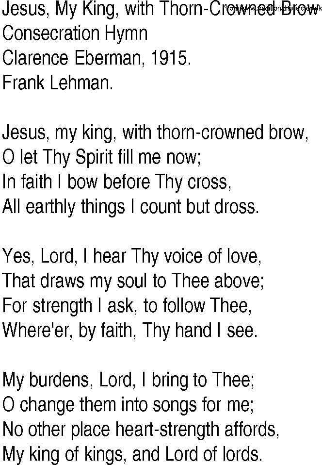 Hymn and Gospel Song: Jesus, My King, with Thorn-Crowned Brow by Clara­ence Ebera­man lyrics