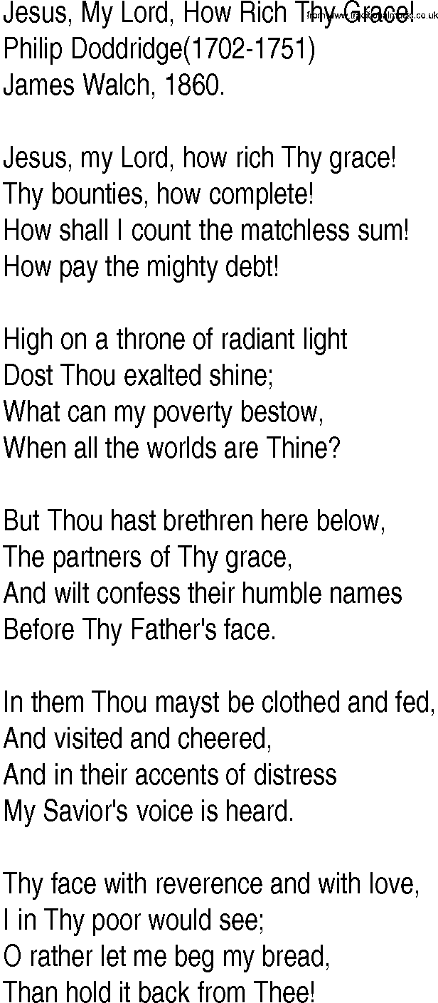 Hymn and Gospel Song: Jesus, My Lord, How Rich Thy Grace! by Philip Doddridge lyrics