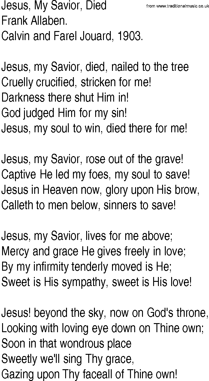 Hymn and Gospel Song: Jesus, My Savior, Died by Frank Allaben lyrics