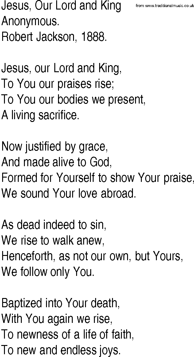 Hymn and Gospel Song: Jesus, Our Lord and King by Anonymous lyrics