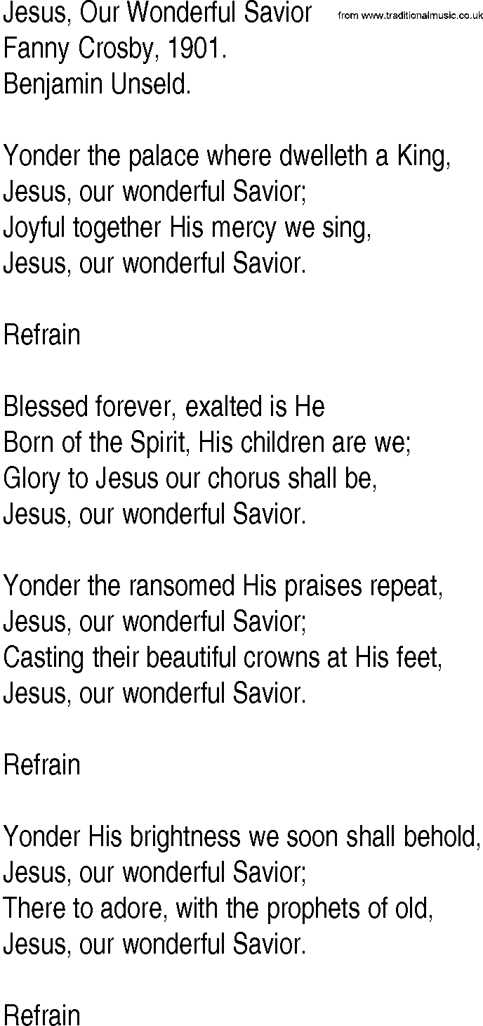 Hymn and Gospel Song: Jesus, Our Wonderful Savior by Fanny Crosby lyrics
