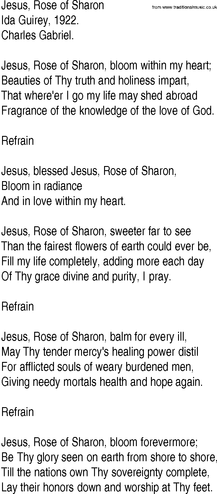Hymn and Gospel Song: Jesus, Rose of Sharon by Ida Guirey lyrics