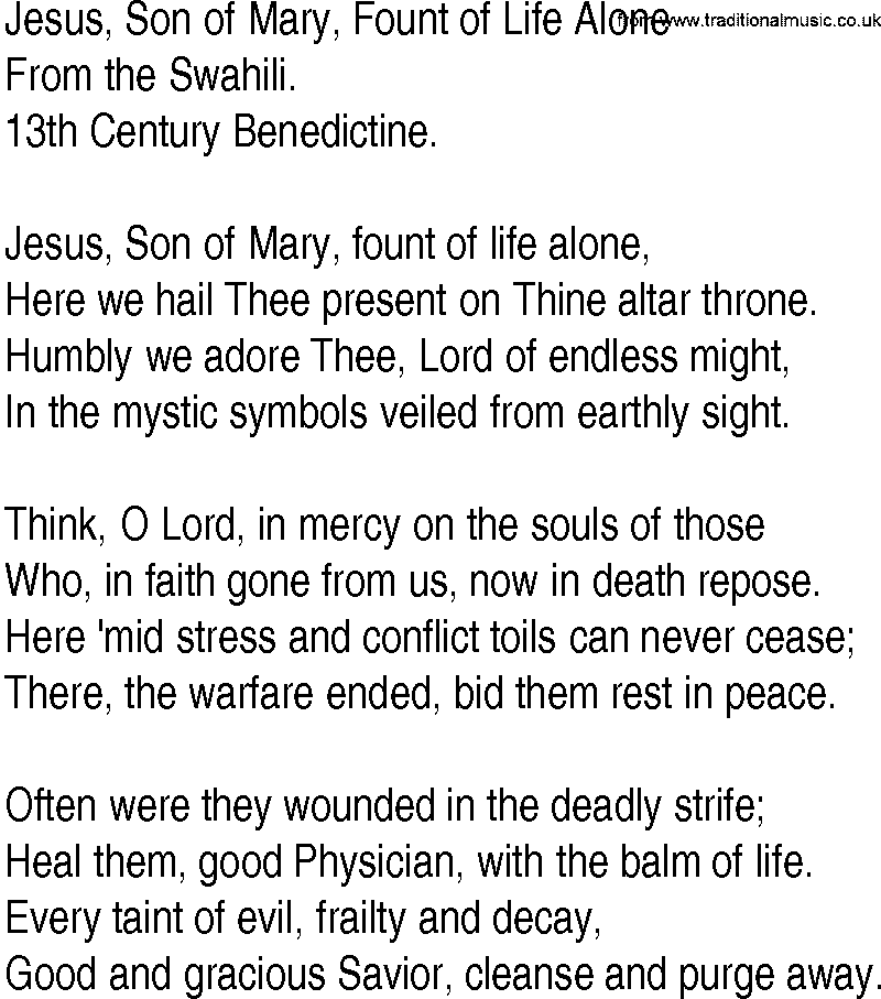 Hymn and Gospel Song: Jesus, Son of Mary, Fount of Life Alone by From the Swahili lyrics