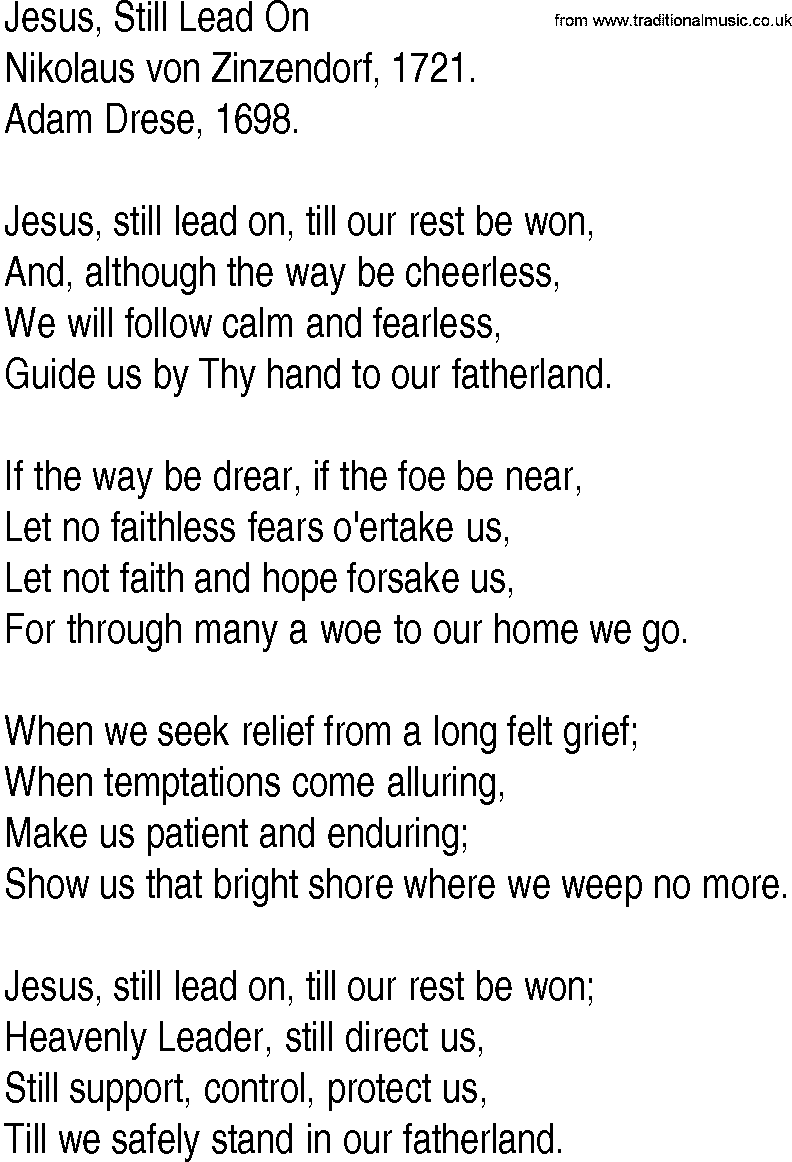 Hymn and Gospel Song: Jesus, Still Lead On by Nikolaus von Zinzendorf lyrics