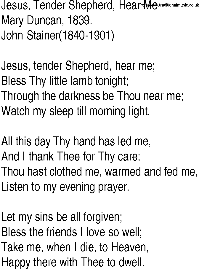 Hymn and Gospel Song: Jesus, Tender Shepherd, Hear Me by Mary Duncan lyrics