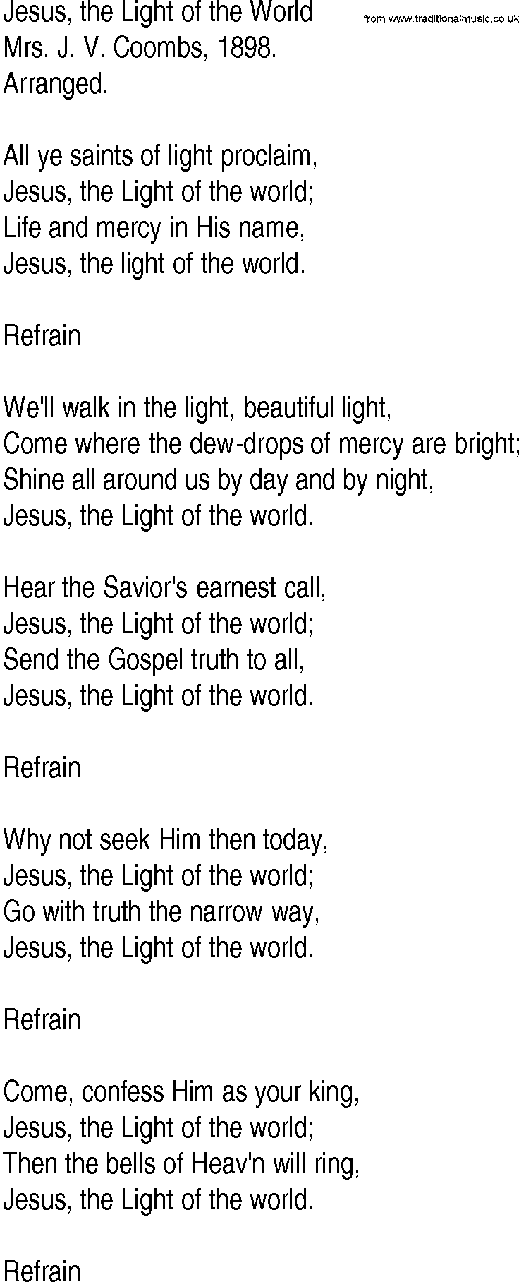 Hymn and Gospel Song: Jesus, the Light of the World by Mrs J V Coombs lyrics