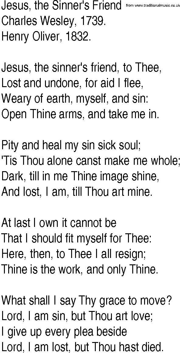 Hymn and Gospel Song: Jesus, the Sinner's Friend by Charles Wesley lyrics