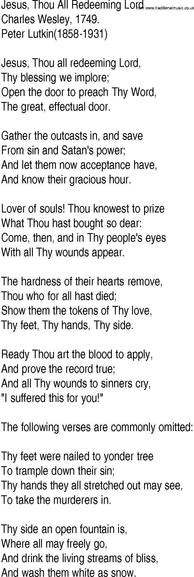 Hymn and Gospel Song: Jesus, Thou All Redeeming Lord by Charles Wesley lyrics