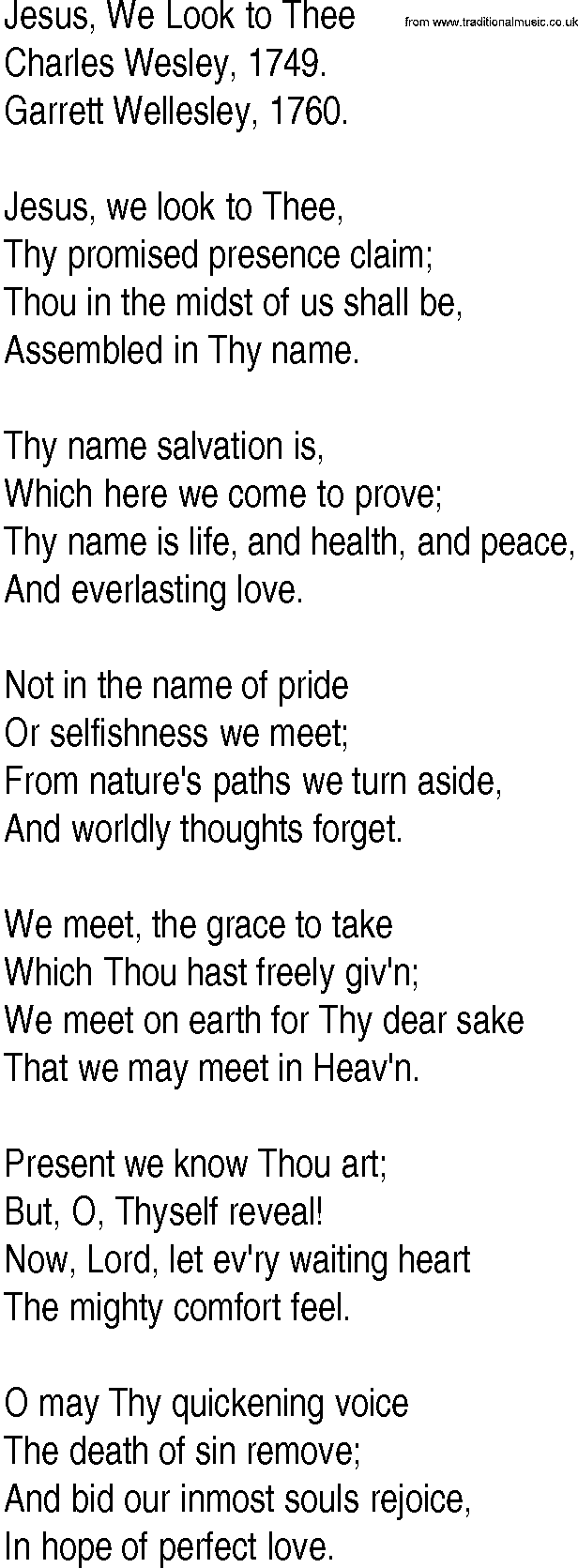 Hymn and Gospel Song: Jesus, We Look to Thee by Charles Wesley lyrics