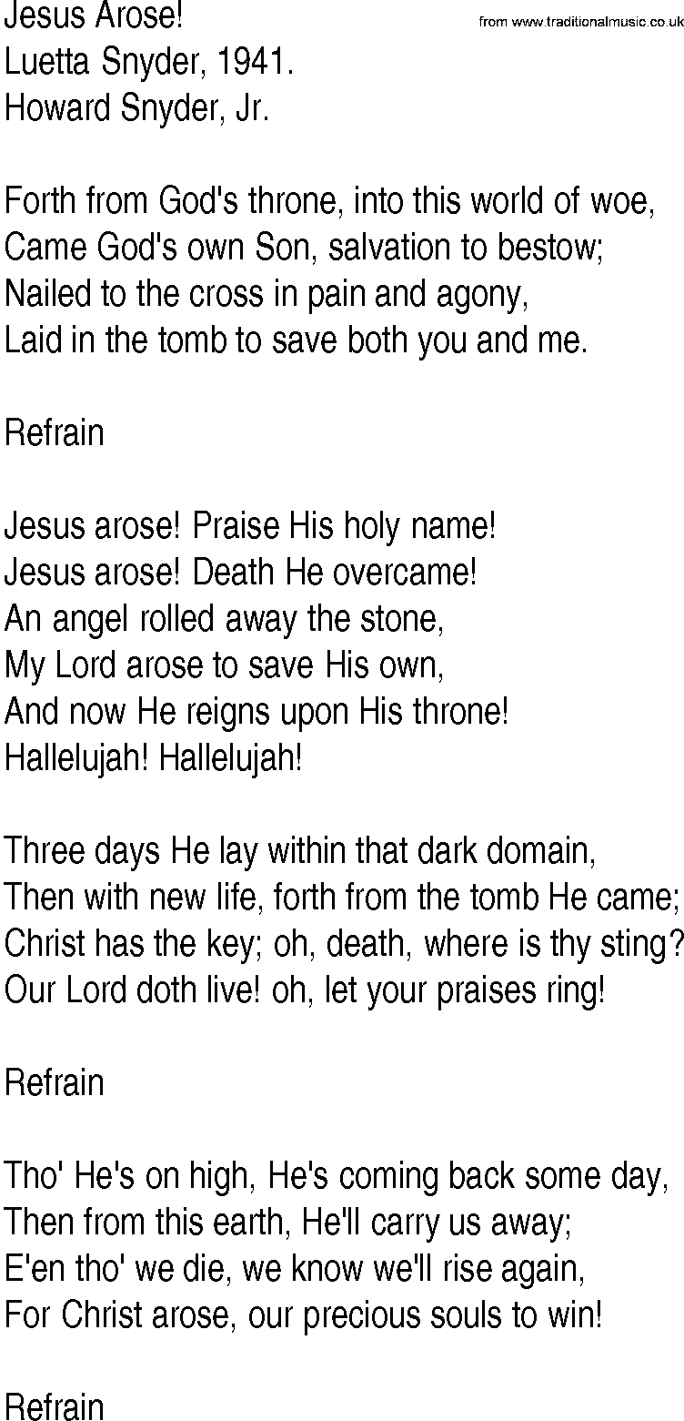Hymn and Gospel Song: Jesus Arose! by Luetta Snyder lyrics