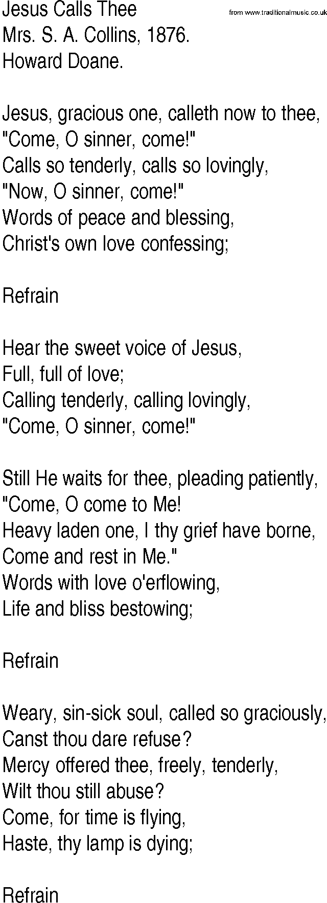 Hymn and Gospel Song: Jesus Calls Thee by Mrs S A Collins lyrics