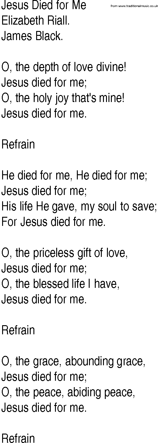 Hymn and Gospel Song: Jesus Died for Me by Elizabeth Riall lyrics